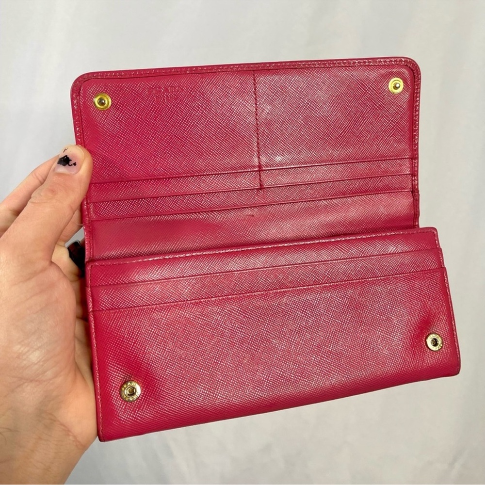 Prada | womens large hot pink saffiano leather flap snap-button closure wallet - Picture 7 of 10
